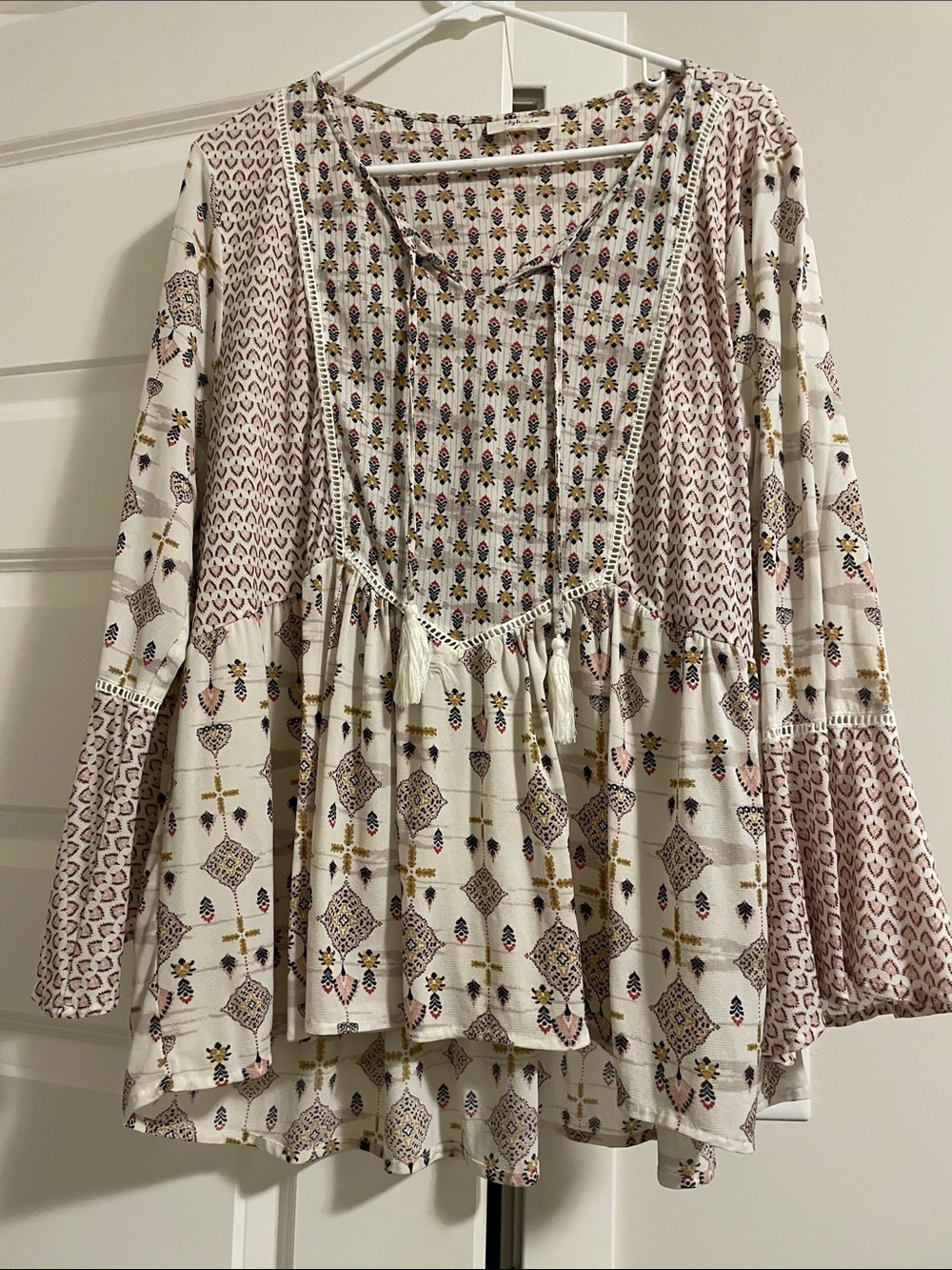 Style & Co. Ivory Printed Boho Tunic with Pink and Brown Accents